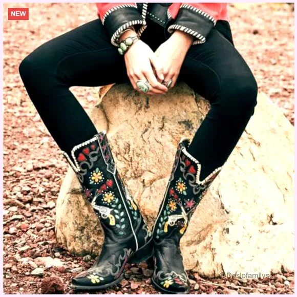 Women's Embroidered Western Knee High Boots, Chunky Low Heel, Wide Calf - Picture 3 of 7